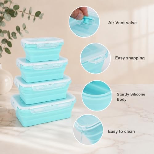 4Pcs Collapsible Food Storage Containers with Lid,Blue Square,4Size - Image 3