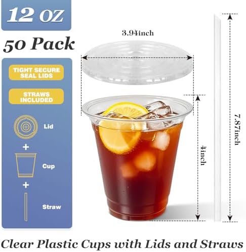 Charmount 50 Sets- 12 oz Clear Plastic Cups with Lids and Straws - Image 2
