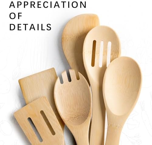 Wooden Spoons for Cooking, 6-Piece Bamboo Cooking Utensil Set - Image 4