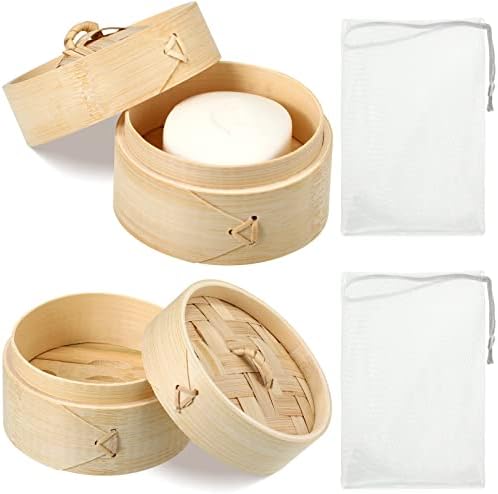 Chengu Natural Bamboo Soap Bar Holder with Lid Soap Dish Drain Foaming Net Shampoo Container Wood Tray Handmade Bamboo Case for Bathroom Shower Kitchen(4 Pcs,5.1 Inch) by CHENGU