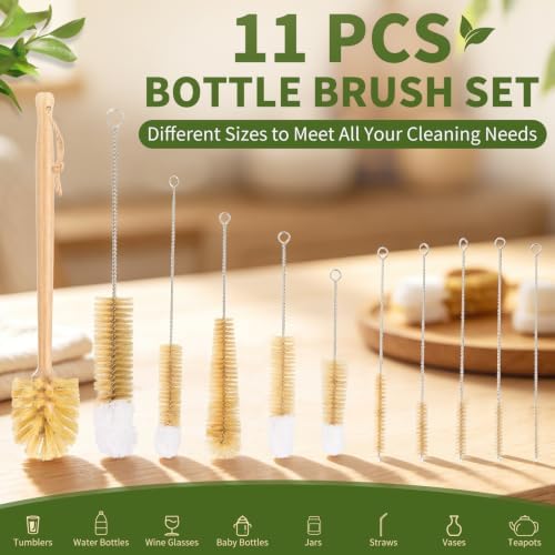11 Pack Natural Bamboo Bottle Brush Set with Straw Cleaner - Image 7