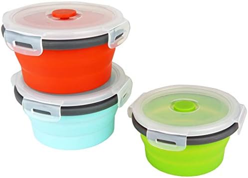 Ecomorning 3Piece Round Collapsible Lunch Container Silicone Food Storage Containers Collapsible Camping Bowl with Airtight Silicone Lids, Microwave, & Freezer Safe, 350ML - Image 3