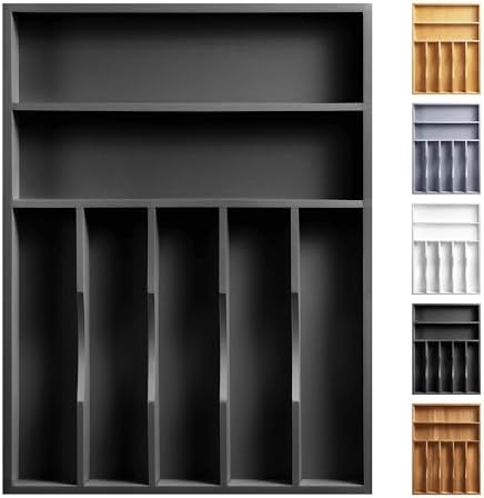 Kitchen Bamboo Silverware Organizer, Kitchen Drawer Organizer - Utensil Holder and Cutlery Tray with Grooved Drawer Dividers for Flatware 7 Slot, Black by oridom