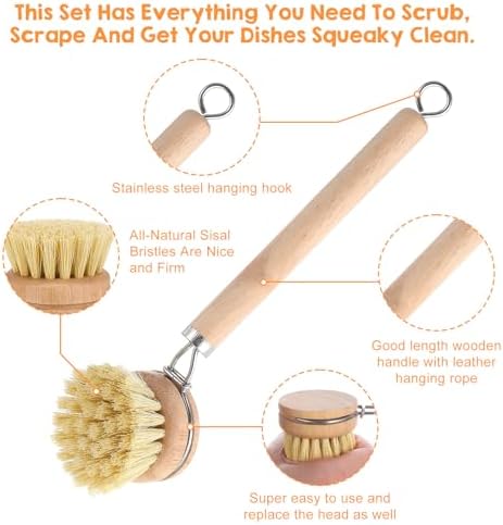 11 Pcs Bamboo Dish Brush Set, Multifunctional Bamboo Dishwashing Scrub Brush with Natural Sisal Bristles, Wooden Handle Dish Brush with Replacement Heads for Cleaning Pots Dishes Pans Vegetables - Image 3