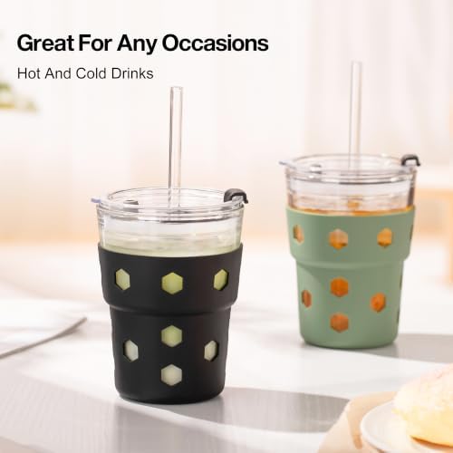 Mrsdry 12oz Iced Coffee Cup with Lids and Straws, BPA Free Reusable Glass Coffee Cups with Silicone Sleeves for Coffee, Iced tea, Thick Wall Glass Cup - Image 5