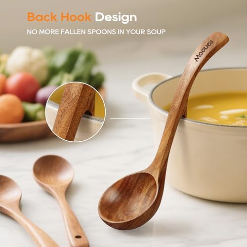 Wooden Ladle for Soup, 3 Size Teak Wood Ladle Spoon with Back Hooks, Heat Resistant Wooden Spoons for Cooking, Non-Stick, Comfortable Grip, Wood Kitchen Utensils Set for Serving, Stirring - Image 3