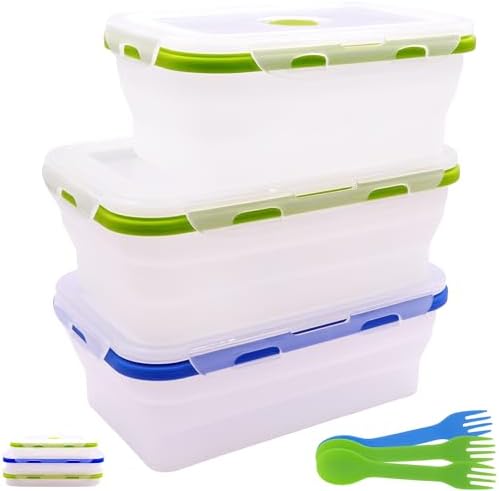 Collapsible Translucent Silicone Food Storage Containers With Lids, 3 Pack Foldable Bento Lunch Box, Reusable Medium Meal Boxes for Kitchen, Camping, BPA Free (40.6 OZ+40.6 OZ+27 OZ) by FUSMYE