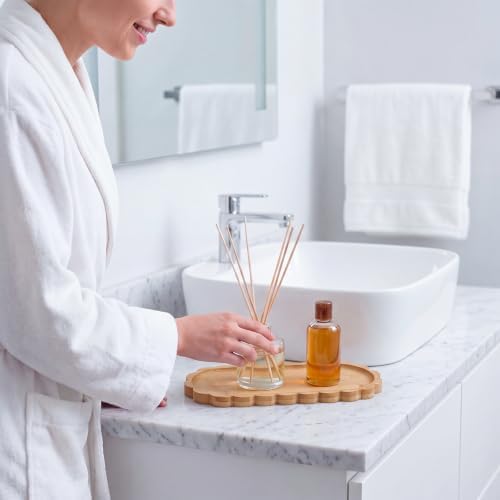 Scalloped Bamboo Soap Dispenser Tray Bathroom Rustic Decor Bamboo Countertop Tray Scalloped Soap Dish Jewelry Holder Vanity Bathtub Organizer for Bathroom Kitchen Home Decor (9'',Oval) - Image 4