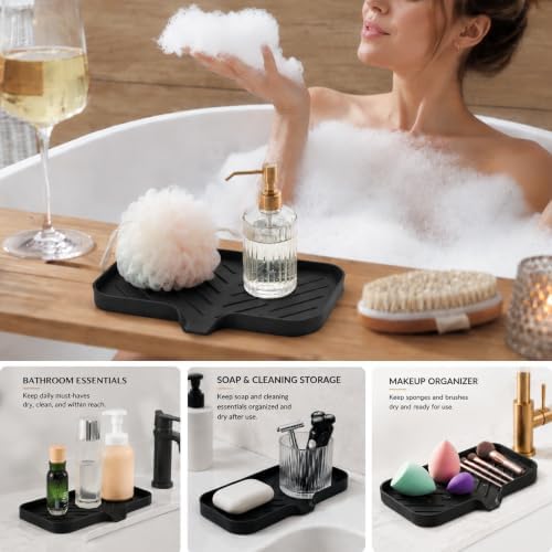MicoYang Silicone Soap Dish with Drain Spout — Self-Draining Sink Organizer Tray for Bathroom & Kitchen, Sponges, Dispensers & Soap Holder, Non-Slip & Dishwasher Safe, Black (Medium, 9.6"×5.3") - Image 3