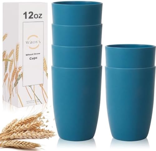 Wrova Wheat Straw Cups 6 PCS Good Alternative to Plastic Reusable Cups 12 oz Unbreakable Drinking Cup Reusable Dishwasher Safe Water Plastic Glasses Navy Blue by WROVA