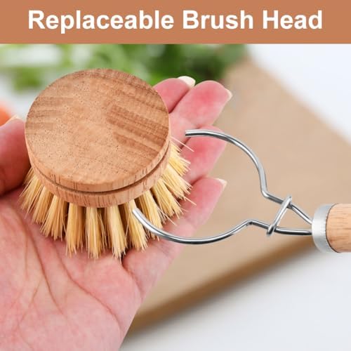 Bamboo Dish Brush with Handle, 3 Natural Bristle Heads - Image 5