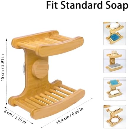 Suction Cup Soap Dish for Shower，Bamboo Soap Dish Holder for Shower, Suction Cup NO-Drilling, Self Draining for Bathroom，Natural Bamboo Color (Double soap Holder, Rectangular) - Image 2