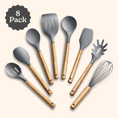 Country Kitchen Non Stick Silicone Utensil Set with Rounded Wood Handles for Cooking and Baking, 8 Piece Set, Gray - Image 2