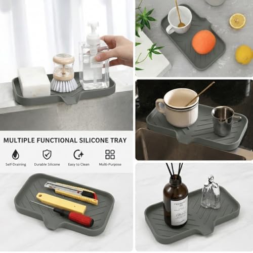 MicoYang Silicone Soap Dish with Drain Spout — Self-Draining Sink Organizer Tray for Bathroom & Kitchen, Sponges, Dispensers & Soap Holder, Non-Slip & Dishwasher Safe, Grey (Medium, 9.6"×5.3") - Image 5