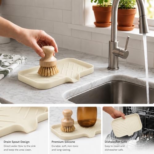 MicoYang Silicone Soap Dish with Drain Spout — Self-Draining Sink Organizer Tray for Bathroom & Kitchen, Sponges, Dispensers & Soap Holder, Non-Slip & Dishwasher Safe, Tapioca (Medium, 9.6"×5.3") - Image 4