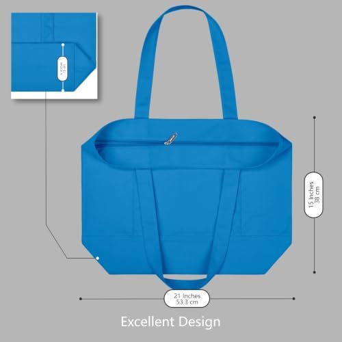 TOPDesign 3-Pack Canvas Tote Bags with an External Pocket, Reusable Grocery Shopping Bags, Top Zipper Closure, Daily Essentials (Ocean Blue) - Image 5