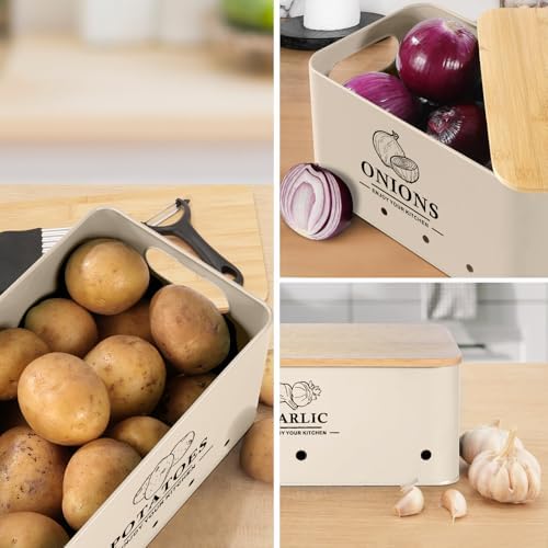 Kitchen Vegetable Storage Set of 3, Metal Onion Garlic Potato Storage Set, Kitchen Canisters Vegetable Keeper Containers with Aerating Holes and Bamboo Lid，Beige - Image 6