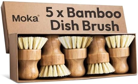 Moka Bamboo Dish Brush - Eco Friendly Scrub Brush with Natural Bristle - Premium Bamboo Dish Scrubber for Kitchen Cleaning, Dishes, Pots, and Pans - Sustainable and Durable (5 Pack) by Unknown