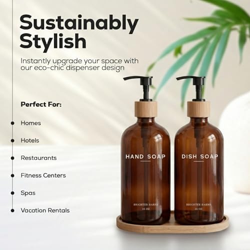 Amber Glass Hand and Dish Soap Dispenser Set by Brighter Barns - Kitchen Soap Dispenser Set with Tray - Bamboo Pump Bottles for Kitchen Sink - Modern Home Decor, Neutral Decor for Airbnb, Gift (Amber) - Image 2