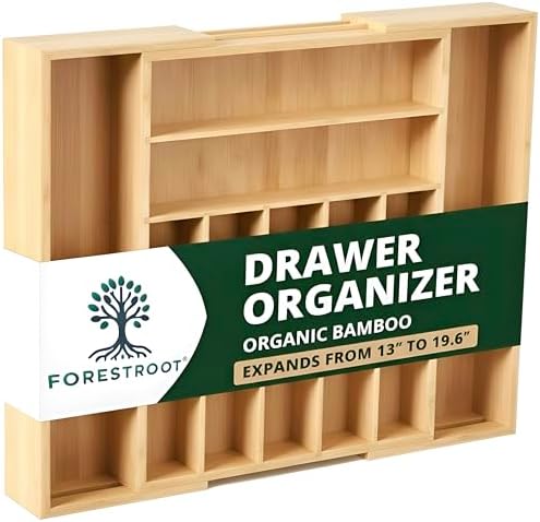 Bamboo Drawer Organizer – Expandable 9 Slot Silverware & Utensil Tray for Kitchen, Office & Kitchen –Fits 13”–19.6” Drawers, Natural Bamboo Wood, Deep Compartments - Durable & Eco-Friendly by Forestroot