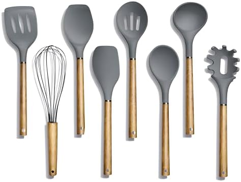 Country Kitchen Non Stick Silicone Utensil Set with Rounded Wood Handles for Cooking and Baking, 8 Piece Set, Gray by CountryKitchen