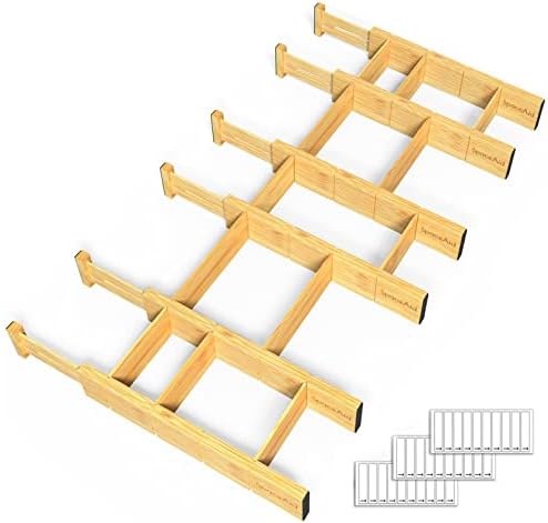 SpaceAid Bamboo Drawer Dividers with Inserts and Labels, Kitchen Adjustable Drawer Organizers, Expandable Organization for Home, Office, Dressers and Bathroom, 6 Dividers with 12 Inserts (13.25-17 in) by SpaceAid