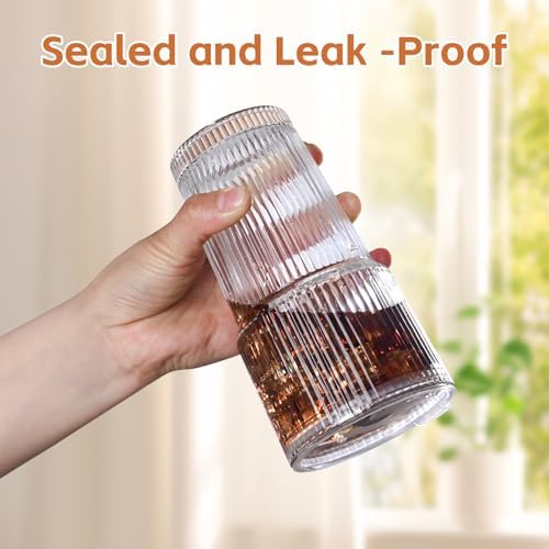 20oz Ribbed Glass Cups with Lids and Straws,2PCS Glass Tumbler with Straw and Lid,Iced Coffee Cups Drinking Glasses for Juice Whiskey Cocktail Beer - Image 5