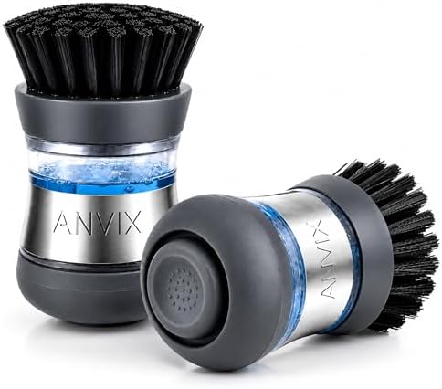 Soap Dispensing Palm Brush 2 Pack, Dish Scrubber with Built in Soap Dispenser, Stainless Steel Body, Replaceable Brush Head, Non Scratch Nylon Bristles for Dishes, Pots, Pans, Nonstick Cookware by ANVIX