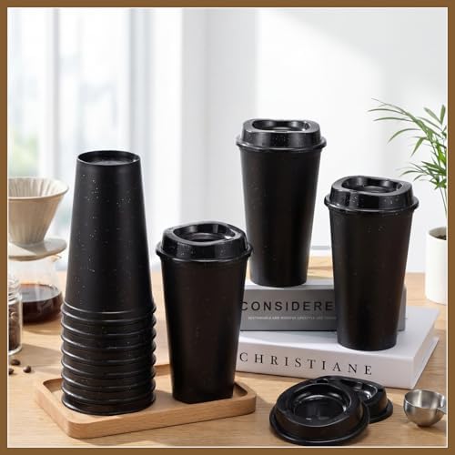 Honeydak 45 Pack 16 oz Reusable Coffee Cups with Lids Water Bottle Iced Coffee Travel Mug Portable Plastic Tea Tumblers Bulk for Hot and Cold Drinks Birthdays Party (Black,Stylish) - Image 2
