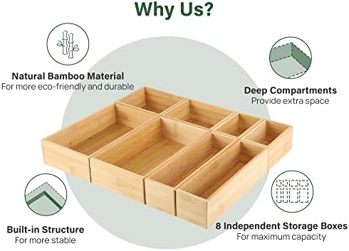 Kootek 8Pcs Bamboo Drawer Organizer 4-Size Kitchen Storage Box for Flatware - Image 3