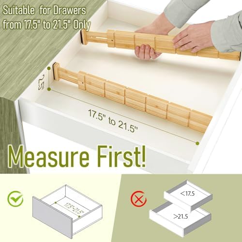 Whitmor Adjustable Bamboo Drawer Dividers, Expandable 17"-22" Drawer Organizer, Space-Saving, Non-Slip & Spring-Loaded Separators for Kitchen, Bedroom, Office, 4 Pack Dividers with 9 Baffles - Image 4