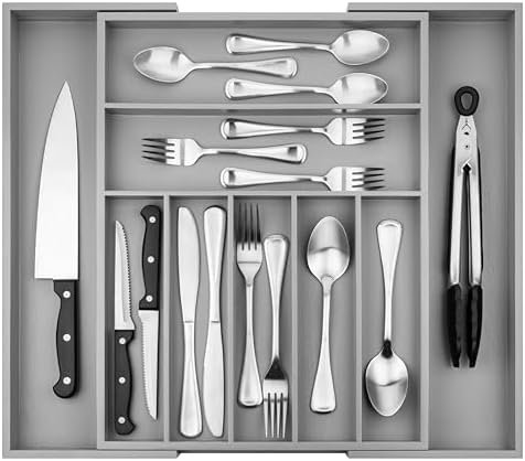 Purawood Bamboo Drawer Organizer - Expandable Silverware Organizer & Utensil Organizer, Cutlery Tray with Dividers, 7-9 Slots - Premium Kitchen Drawer Organizer for Utensils & Flatware (Grey) by PURAWOOD