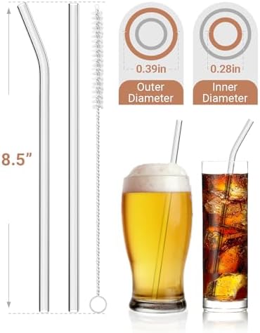 Foogwee® 20 Packs Reusable Glass Straws Set, 8.5'' x 10mm Clear Drinking Straws for Smoothies, Shakes, Coffee, Juice, Sodas, Milk, Tea, Cocktails, Set of 8 Straight and 8 Bent with 4 Cleaning Brushes - Image 2