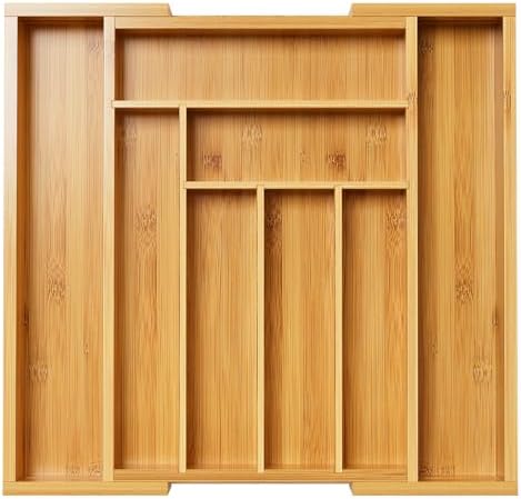 Pipishell Bamboo Expandable Drawer Organizer for Utensils Holder, Adjustable Cutlery Tray, Wood Drawer Dividers Organizer for Silverware, Flatware, Knives in Kitchen, Bedroom, Living Room(M-N) by Pipishell