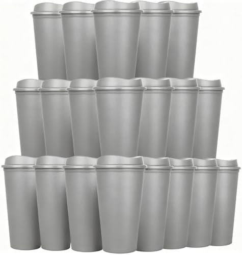 20 Pack Reusable Coffee Cups with Lids 16 oz Plastic Tumblers Travel Mug Iced Coffee Cup for Adults and Women Hot and Cold Drinks, Microwaveable(Grey) by Alohastarttg
