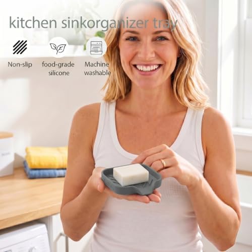 MicoYang Silicone Soap Dish with Drain Spout, Self-Draining Sink Organizer Tray for Bathroom and Kitchen, Sponges, Dispensers and Soap Holder, Non-Slip and Dishwasher Safe, Grey (Compact, 4.9"×3.2") - Image 5