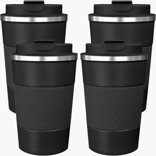 4 Pack Insulated Coffee Mug with Lid 12oz Travel Coffee Tumbler Stainless Steel Reusable Coffee Cups Thermal Coffee Mug for Hot and Iced Cold Drinks, Black by Unknown