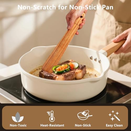 2 Pack Teak Wood Spatula, 12 Inch Wooden Spoons for Cooking, Sourdough Starter, Flat Steak Turner, Dough Whisk Spurtle Baking Utensil, Heat Resistant Spatulas for Cast Iron Flipping, stirring, Turning - Image 2