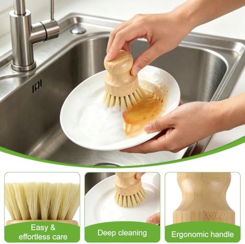Bamboo Dish Brush Set, Natural Scrub Kitchen Brushes, 3 Pack - Image 3