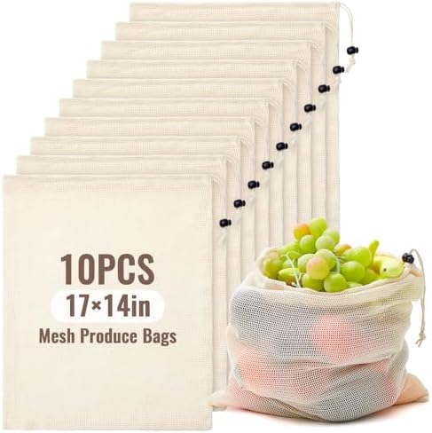 10 Pcs 17 x 14 in Reusable Produce Bags Grocery Washable, Cotton Mesh Produce Bags Plastic Free, Drawstring Closure, Double-stitched Organic Cotton Mesh Grocery Bag for Vegetables Fruit Onions by Yoojahow