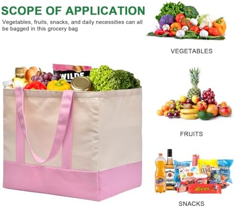 3-Pack Heavy Duty Canvas Reusable Grocery Bags, 8.3 Gal Foldable Large Tote with Handles, Washable Eco-friendly Bags with 5 Pockets, (Pink/Beige) - Image 4
