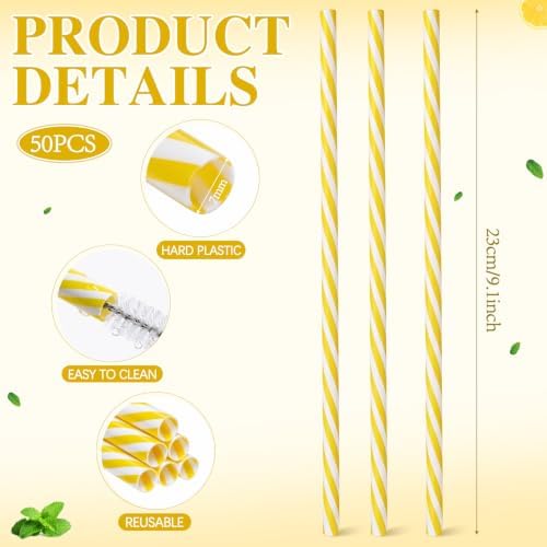 Honeydak 50 Pcs Reusable Plastic Straws Bulk,Yellow and White Stripe - Image 2