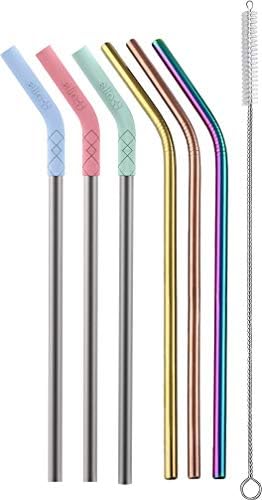 Ello Impact 6 Pack Reusable Metal Straws with Silicone Tips Made from Stainless Steel, Dishwasher Safe, BPA-Freewith Cleaning Brush, Summer Glow by Ello