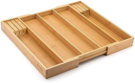 Purawood Kitchen Drawer Organizer with Knife Blocks - Utensil Drawer Organizer for Kitchen, Cutlery Tray & Silverware Organizer, 3-5 Slots - Bamboo Organizer for Utensils & Flatware (Natural) - Image 4