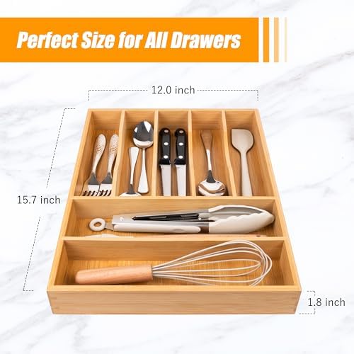 Bellsal Bamboo Silverware Drawer Organizer, Kitchen Utensil Drawer Organizers, 12"x15.7" Utensils Holder Cutlery Tray with Grooved Drawer Dividers for Kitchen Flatware Bedroom Office(7 Slot, Natural) - Image 3