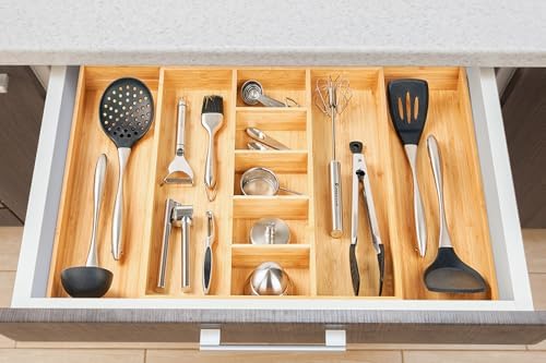 Umilife Extra Large Expandable Kitchen Drawer Organizer for Utensil and Junk, 19" Deep for Big Drawer, 17" to 28" Adjustable Bamboo Wood Drawer Divider, Cutlery Tray, Flatware Holder - Image 6