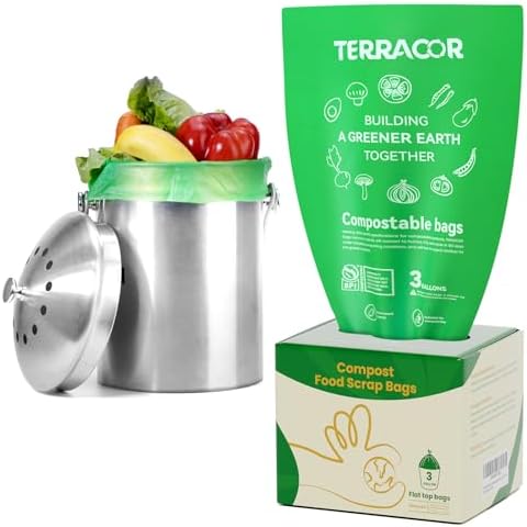 3 Gallon Compostable Food Scrap Bags, 100 Bags Compost Bags for Countertop Bin, BPI Certified and Meet The ASTM D6400 Standard by TerracorPackaging