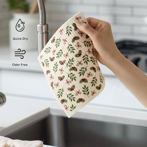 RECYCO 4 Pack Christmas Swedish Dishcloths for Kitchen | Jolly Holiday Washable Dish Towels | Cellulose Reusable Cleaning Paper Towels | Absorbent Counter Dish Cloth Sponge Kitchen Wipes, 7" x 8" - Image 6