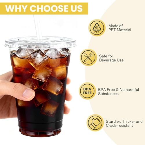 100 Pack 16 oz Plastic Cups with Lids and Straws, Clear Disposable Plastic Cups, Heavy Duty Iced Coffee Cups with Leak-Resistant Lids, Cold Drink Cups for Smoothies, Juice, Soda & Party To Go - Image 4