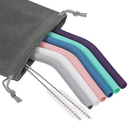 Senneny Set of 6 Silicone Drinking Straws for 30oz and 20oz - Reusable Silicone Straws BPA Free Extra Long with Cleaning Brushes- 6 Bent- 6mm diameter by Senneny